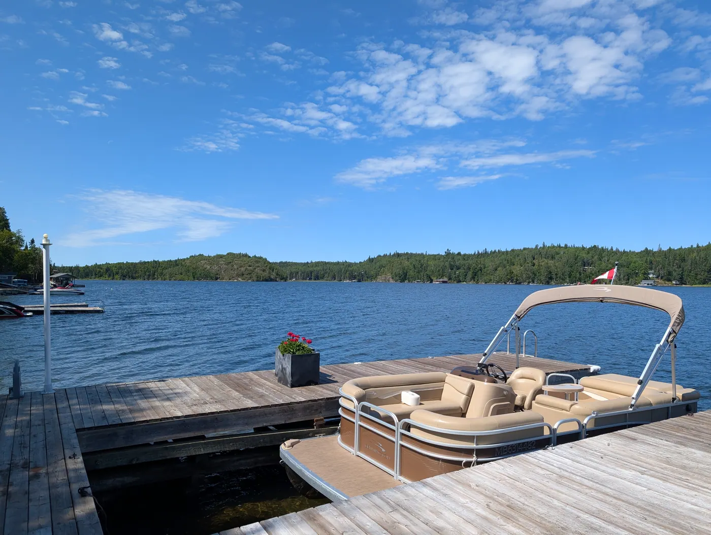 The pontoon boat moored at the dock on a bright day.
