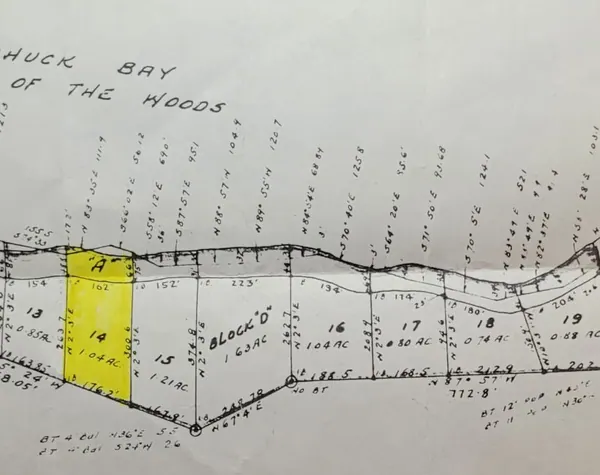 Extract from the registered survey plan, with Lot 14 shaded yellow among the block of shoreline lots.